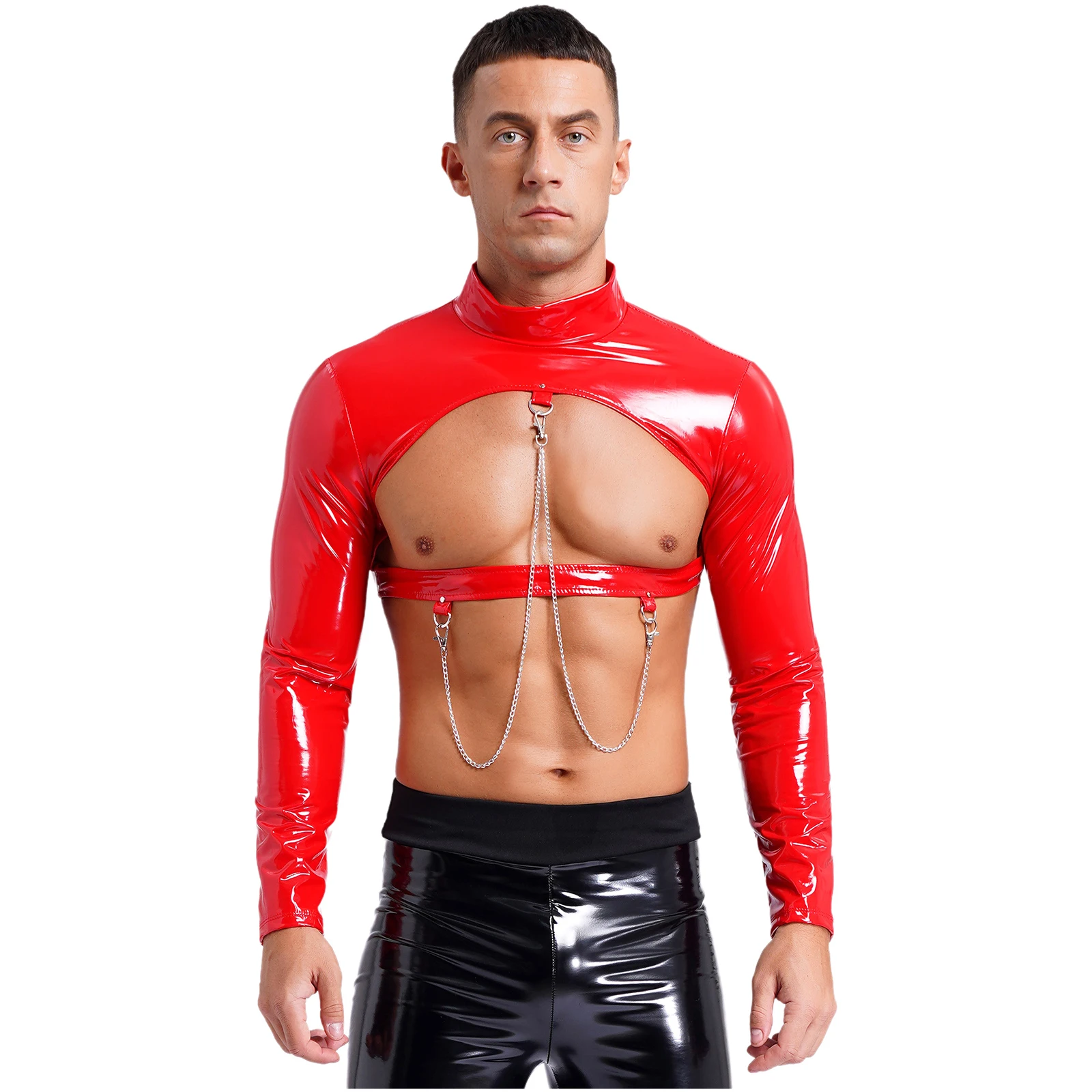 

Mens Glossy Patent Leather Hollow Out Crop Top Shirt with Metal Chains Long Sleeve Cutout T-shirt Top Sexy Lingerie Clubwear