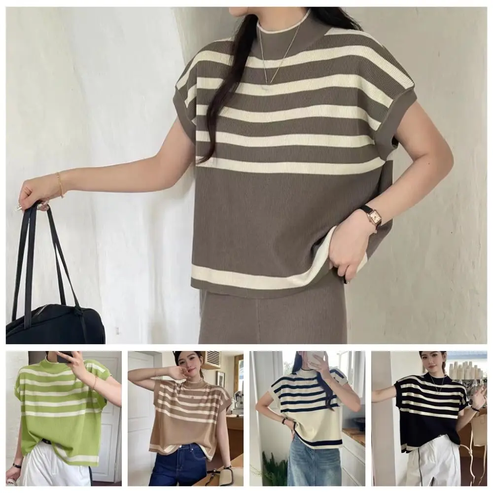 Fashion Short Sleeve Knitwear Crop Top Loose Female Clothing Stripe Knitted T-shirt Ins Bottoming Shirt Casual Top Women Summer