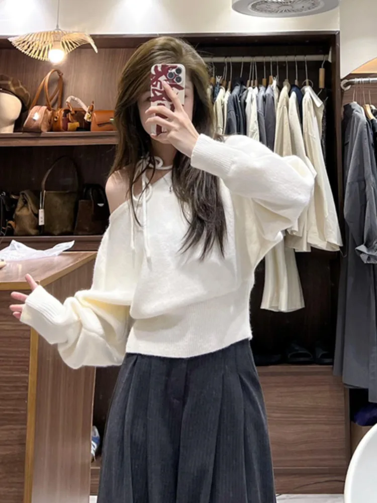 

Retro Korean Long Sve off oulder Sweater Women's Loose Lazy Sle High End Feeling Small Size Knitted irt Top