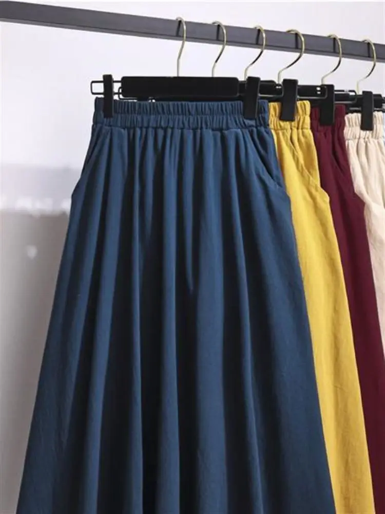 New 2024 High Waist Cotton Linen A-Line Skirt Women's Summer Midi Length Pocket Slim Fit Elastic Waist Skirts for plus Size