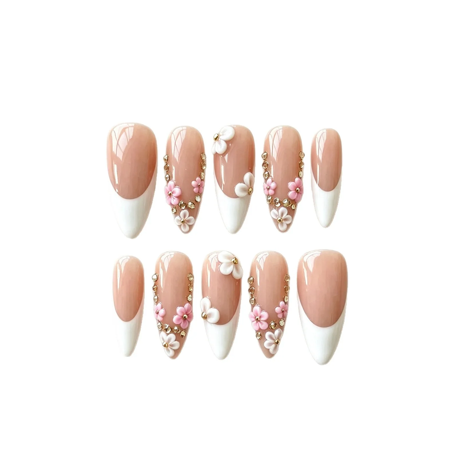 10 Stück Nude Base Handgefertigte Aufklebenägel 3D Rosa Weiße Blumen Strass Künstliche Nägel Lange Stiletto Falsche Nägel für Frauen & Mädchen – Detail 4