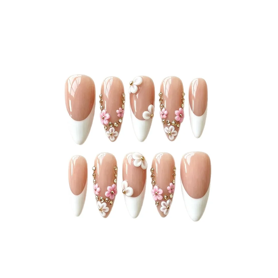 10 piezas de uñas postizas nude base hechas a mano, flores 3D rosa y blanco con pedrería, uñas largas stiletto para mujeres y niñas 4