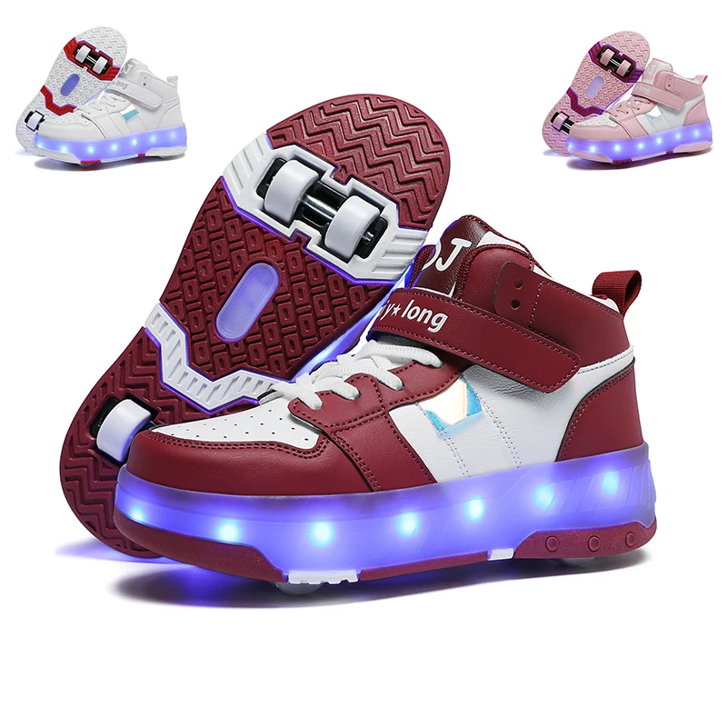 

Quality Children Detachable Four-Wheeled Cool LED Light Roller Skates Shoes Boys Girls Gifts Luminous Glowing Leather Sneakers