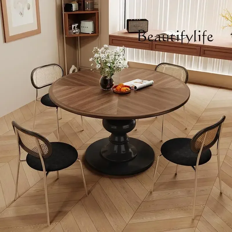 

French antique style high-end round dining table walnut color small apartment household black solid wood retro small round table