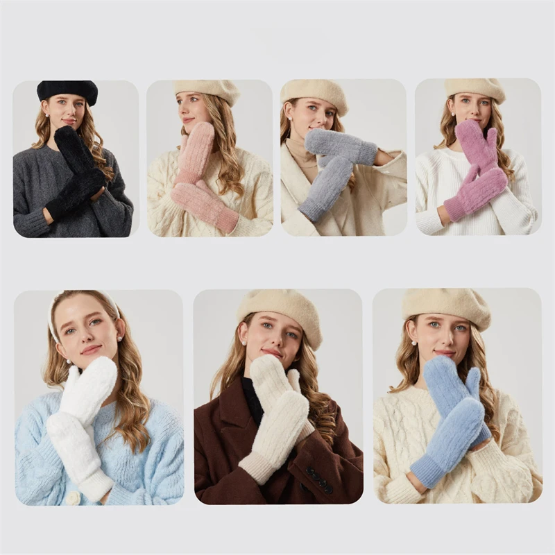 Guantes de piel de visón de imitación de doble capa para mujer, manoplas cálidas y gruesas suaves de felpa coreana de Color sólido con todos los dedos para invierno