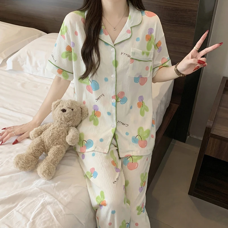 Ladies Wind Colored Cherry Wrinkled Fabric Short Sleeved Pants Women's Home Clothes Pajama Set Women's Sleepwear Homewear
