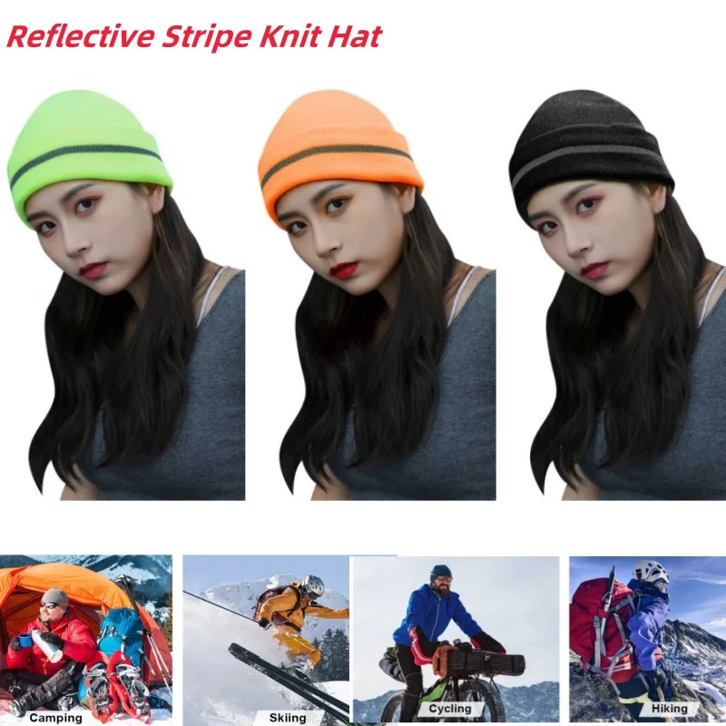 Outdoor Winter Reflective Stripe Knit Hat Unisex Night Warm Safety Sports Cycling Running Work Ski Bonnet Cap Hip Hop Beanie Cap