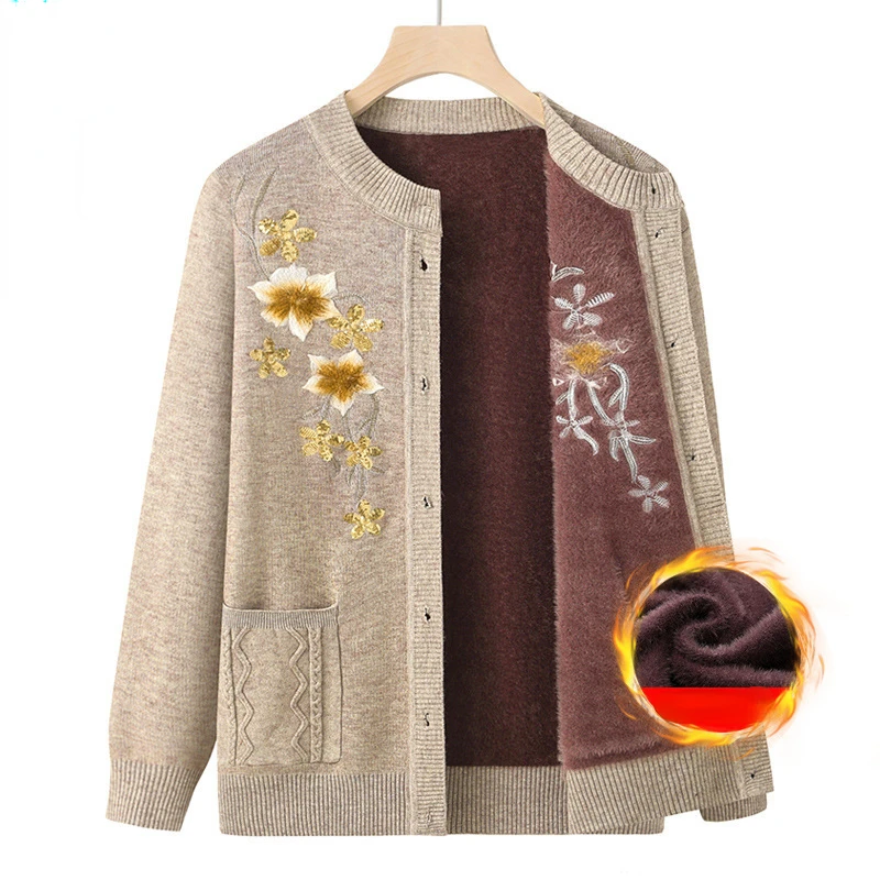 

Autumn Winter Sweater Fleece Cardigan Warm Embroidery Floral Long Sleeve Single-breasted Coat Knit Jacket Thick Jumpers Clothing