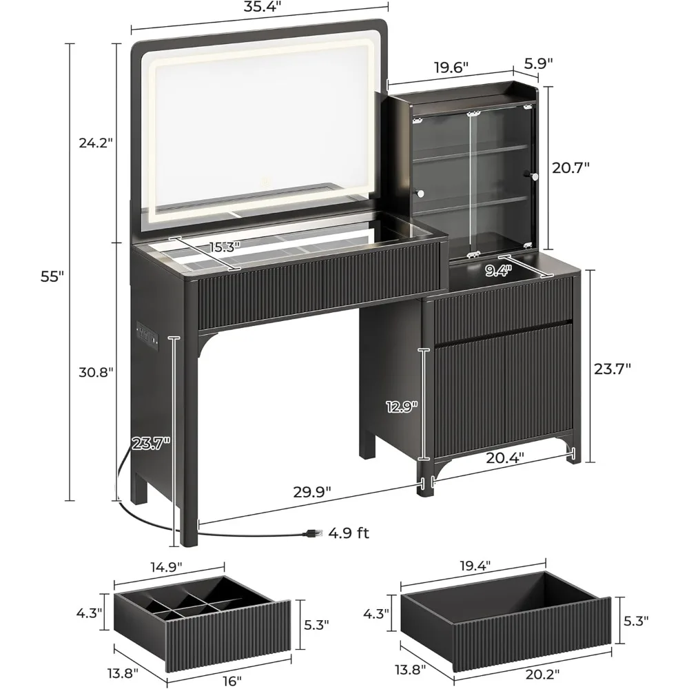 مكتب مكياج كبير مقاس 55 بوصة مع مرآة LED مقاس 35.4 بوصة، ومنافذ طاقة، وسطح مطلي باللون الأسود، وسطح زجاجي، و3 أدراج، Space-Sa