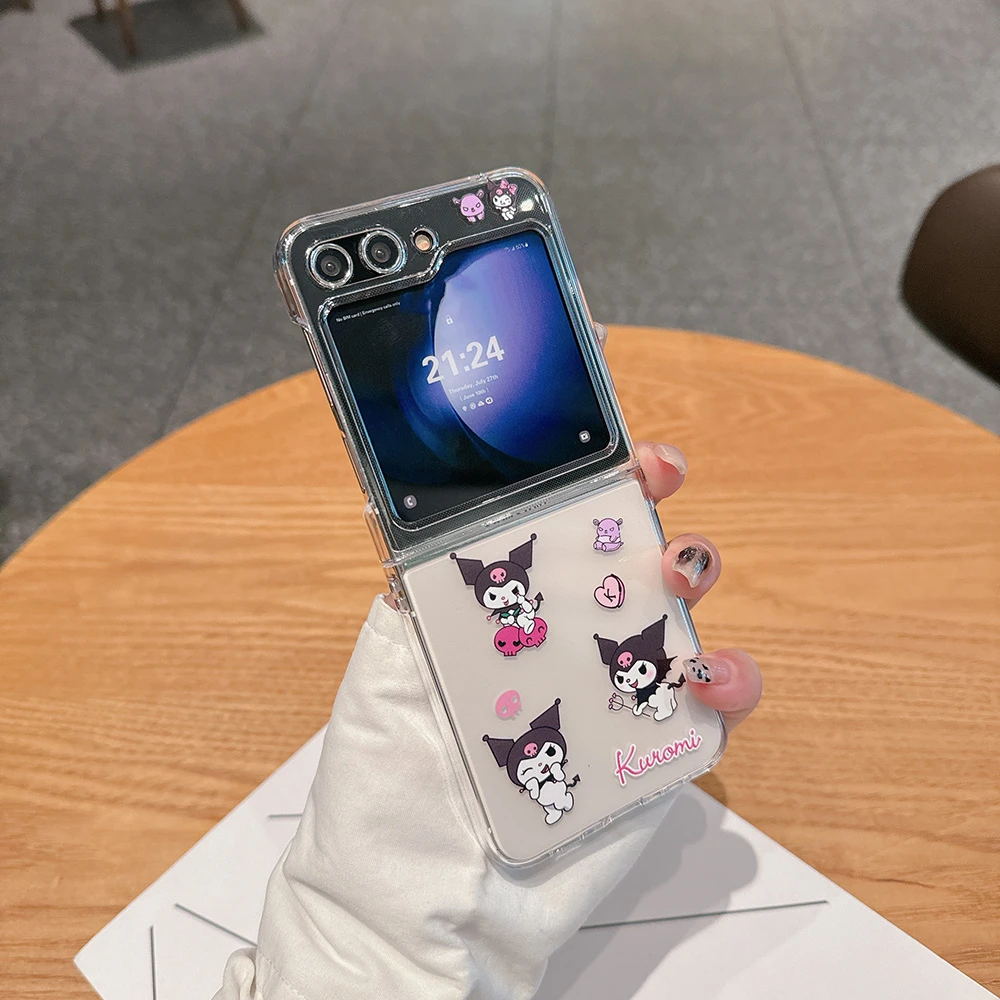 Cute Cartoon Sanrio Cinnamoroll My Melody Kuromi Phone Case For Samsung Galaxy Z Flip 7 6 5 4 3 Clear Soft Cover With Lanyard