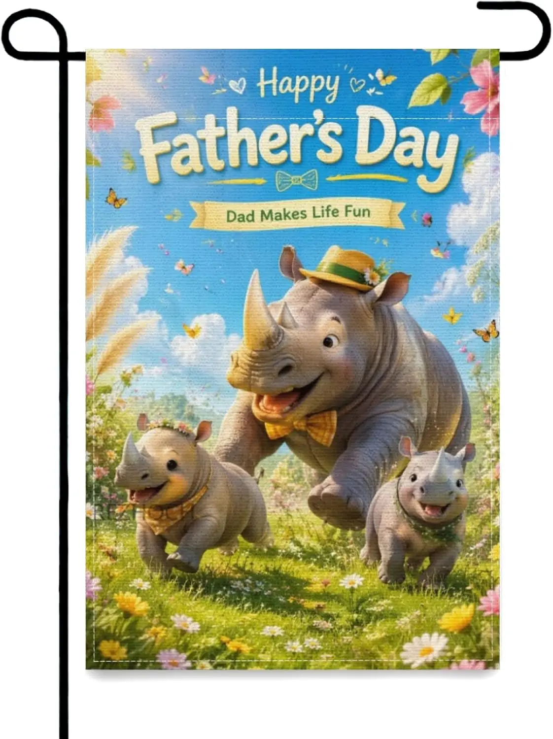 Happy Father’s Day Funny Rhinoceros Welcome Garden Flag 12x18Inch,Dad Makes Life Fun Cute Animals Outdoor Yard Decor Double  yyi