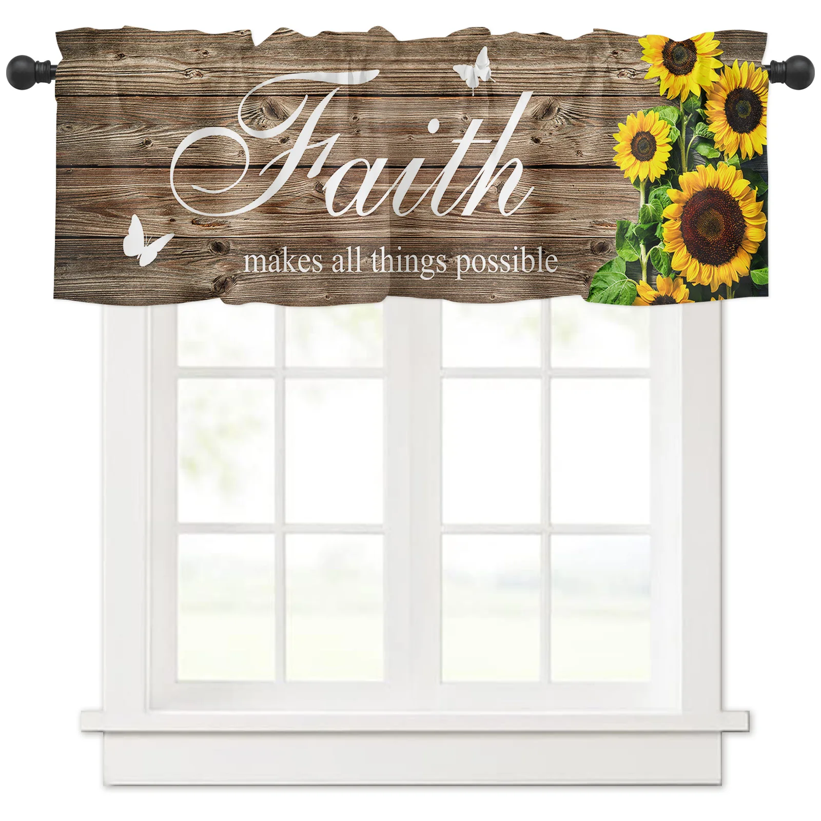 

Valances for Kitchen Living Room Small Window Valance Faith Makes All Things Possible Sunflower on a Wooden Board 1 Panel