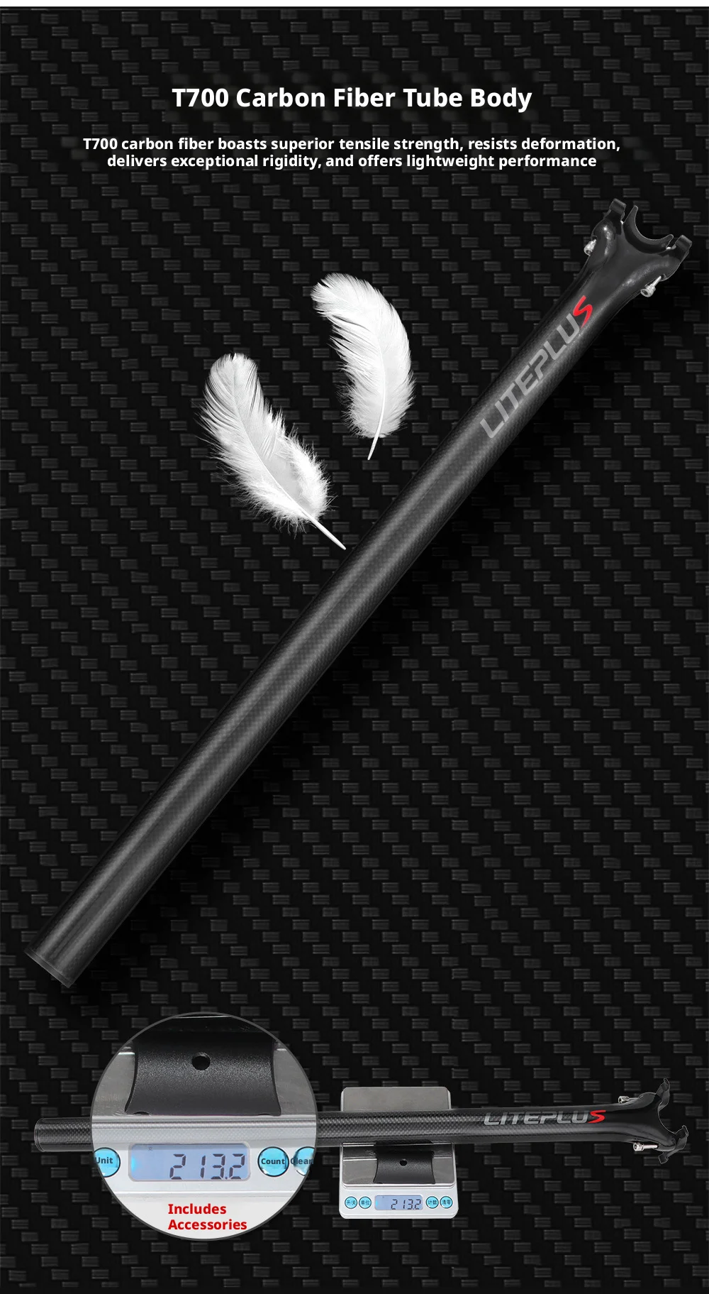 LITEPLUS Carbonfaser-Sattelstütze 33,9mm/31,8mm X 580mm für Brompton Dahon Faltrad, Glänzende & Matte Schwarze Sattelstütze, Ultraleicht – Detail 4