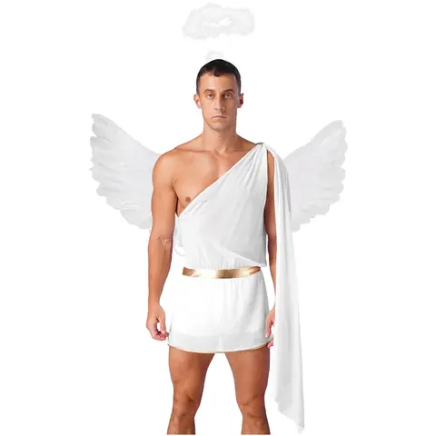 Men Angel Devil Cosplay Costume Halloween Ancient Greek God Outfit One Shoulder Tunic Dress Jumpsuit with Feathery Wing Headwear