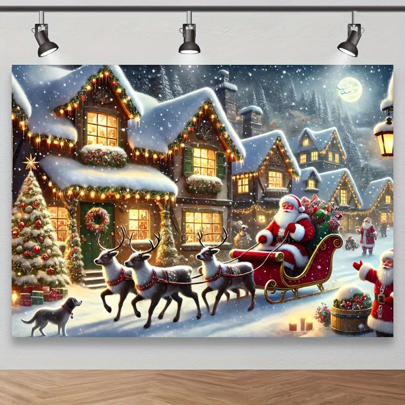 Fotohintergrund für Weihnachtsmannschlitten und Schneestadt, perfekte Schieß- und Feiertagsdekoration mit Weihnachtsmotiv