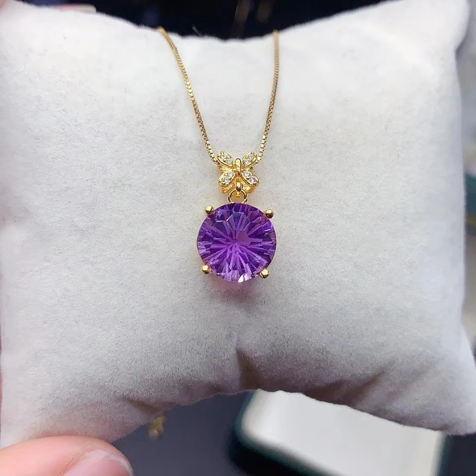

Pure 925 Silver Brilliant Round Amethyst Pendant 8mm 2ct VVS Grade Amethyst Necklace Pendant Birthday Gift for Woman
