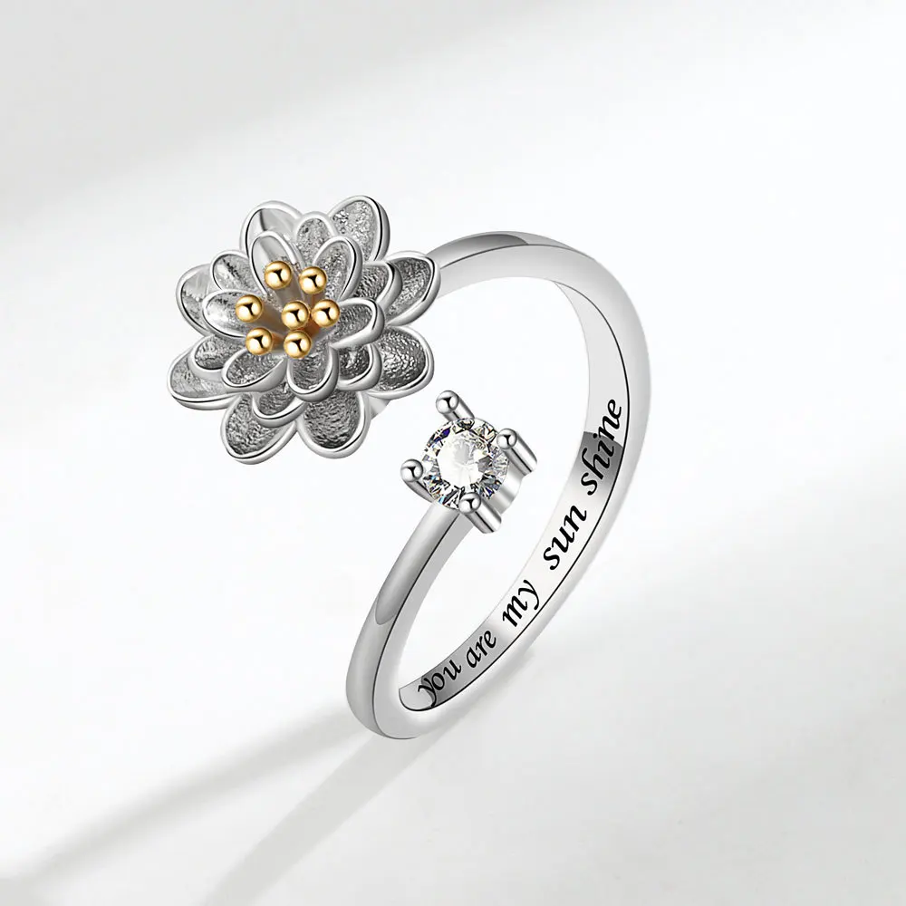 Korean Japanese Fresh Daisy Spinner Ring For Women Inlaid Cubic Zirconia Minimalist Adjustable Open Band Fashion Finger Jewelry