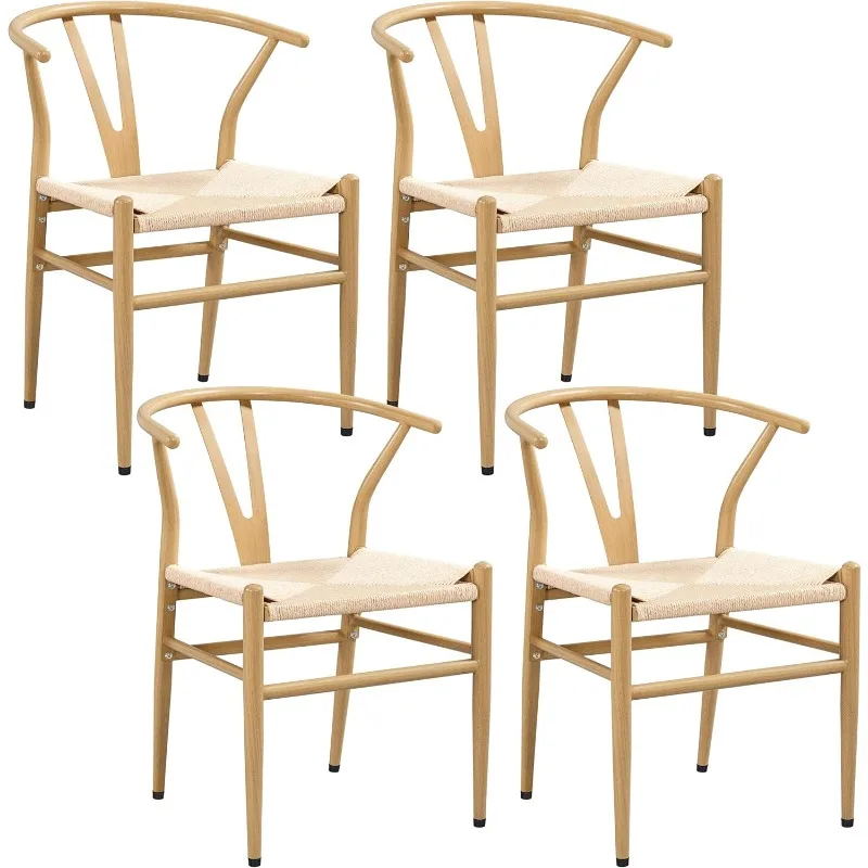 Set of 4 Weave Chair Mid-Century Metal Dining Chair Y-Shaped Backrest Hemp Seat, Wood Color