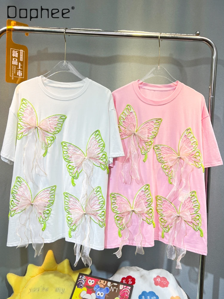 

Heavy Embroidery Mid-Length Slimming Short-Sleeved T-shirt for Women 2024 Summer Fashion Butterfly Tassel Loose Crew Neck Top