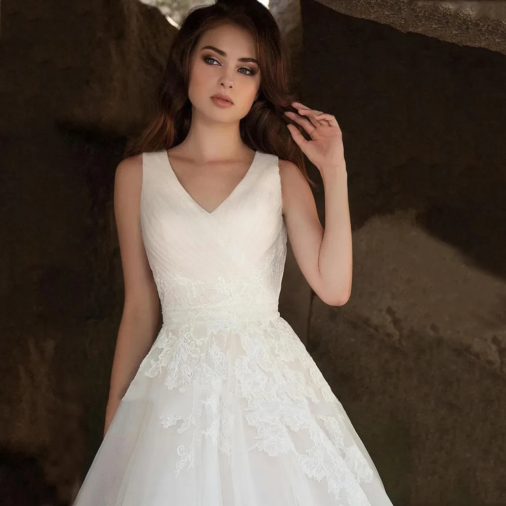المشاهير ألف خط فساتين زفاف النساء مثير الخامس الرقبة بلا أكمام فساتين حفلات رسمية الدانتيل زين الكرة Vestidos De Novia مخصصة