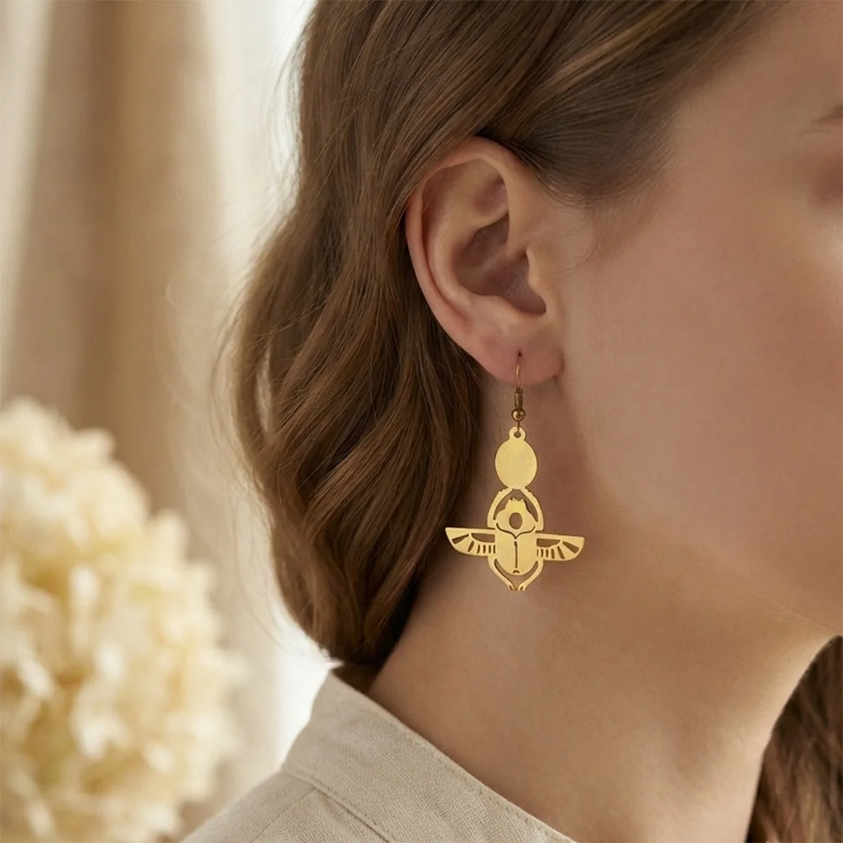 Vintage Hollow Egyptian Scarab Beetle Drop Hook Earrings Stainless Steel Dangle Earring Jewelry for Women Fashion Statement Gift