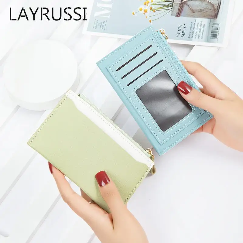 LAYRUSSI PU Leather Card Holder Wallet Zipper Coin Bags Women Credit Card Pouch Candy Color Wallet Pass Card Protective Cover