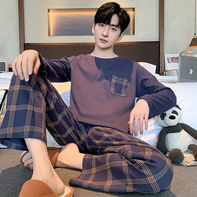 Plaid Pant Long Sleeves Nightwear Men's Cotton Sleepwear Autumn Loungewear Young Boy Male Fashion Pjs Pyjamas Hombre Dropship