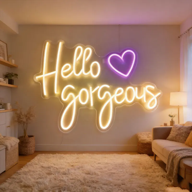 

Неоновая вывеска "Hello Gorgeous" – стильный настенный декор в каллиграфическом стиле с акцентами в виде сердец, питание от USB, подарок на день рождения для любителей красоты