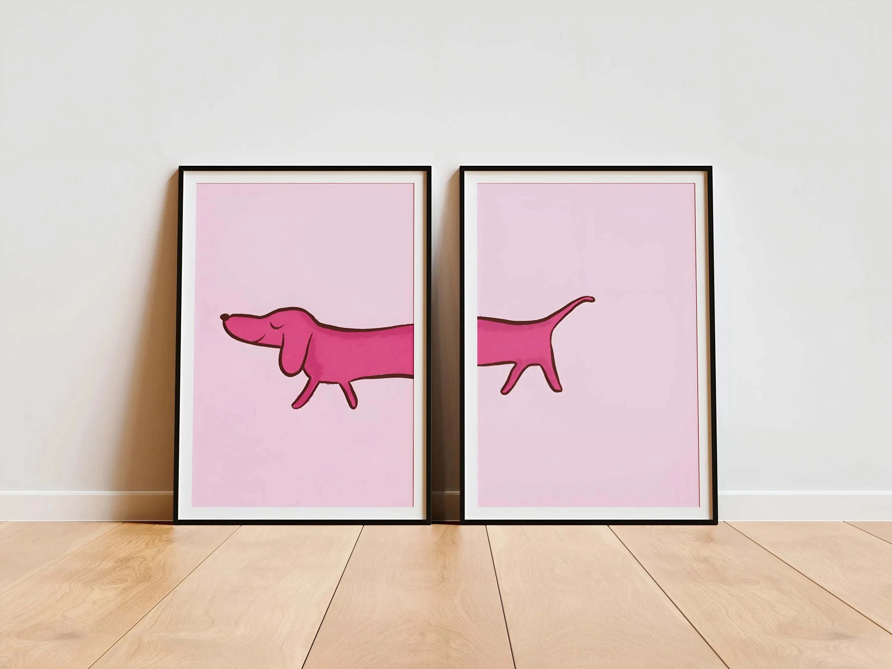 3Pcs Funny Pink Dachshund Wall Art, Minimalist Cartoon Sausage Dog Split Canvas Prints, Cute Whimsical Pastel Pet Wall Arts