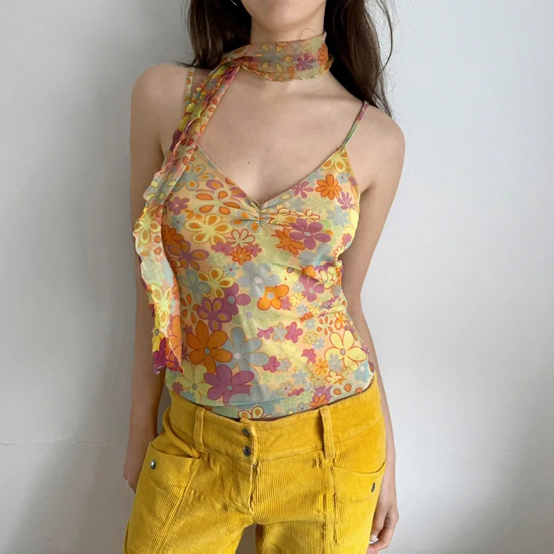 Holiday Floral Camis Top With Scarf Sexy Slim V-Neck Sleeveless Crop Tops Women 2024 Summer Fashion Streetwear Ladies