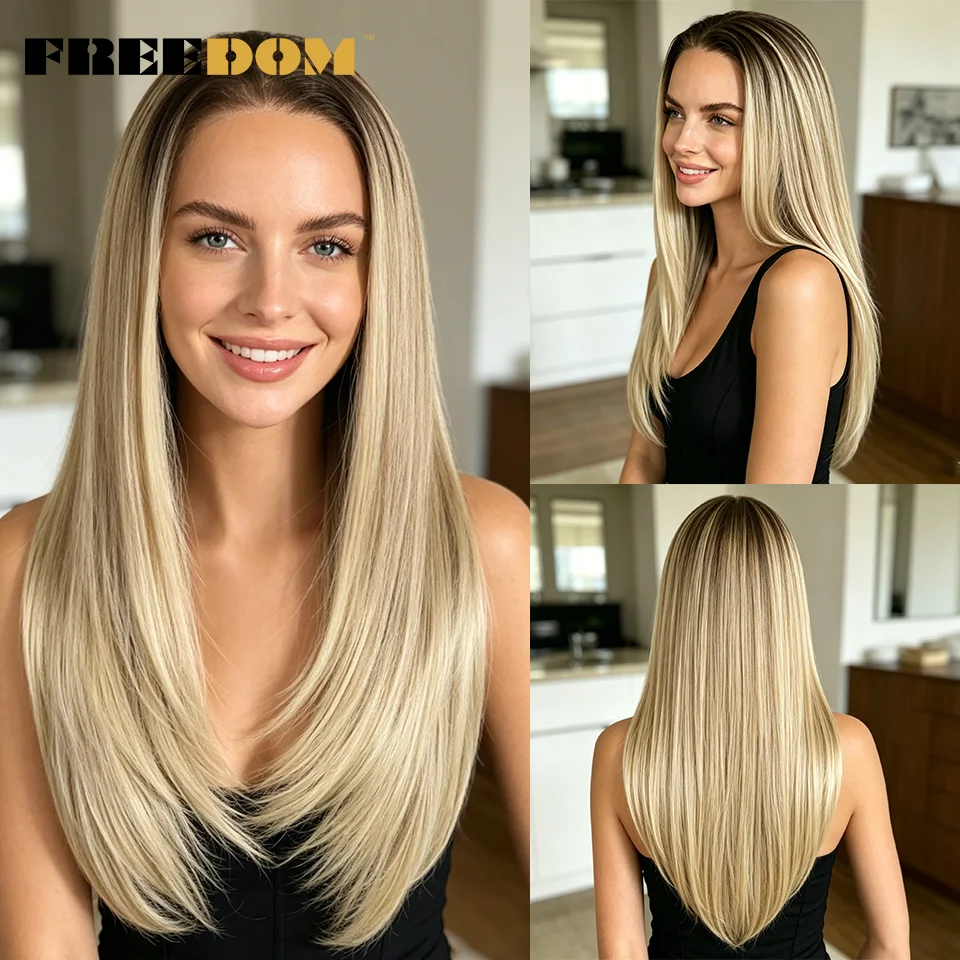 Synthetic 24 Inch 13x6 Lace Front Wigs For Women Ombre Brown Ash Blonde Straight Layered Wig Pre-plucked 9x6 Glueless Lace Wig