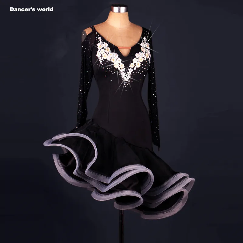 Sexy dress latin dance clothes for women latin dance Embroidery long sleeves dress girls latin dance dress Cha-cha dance dress