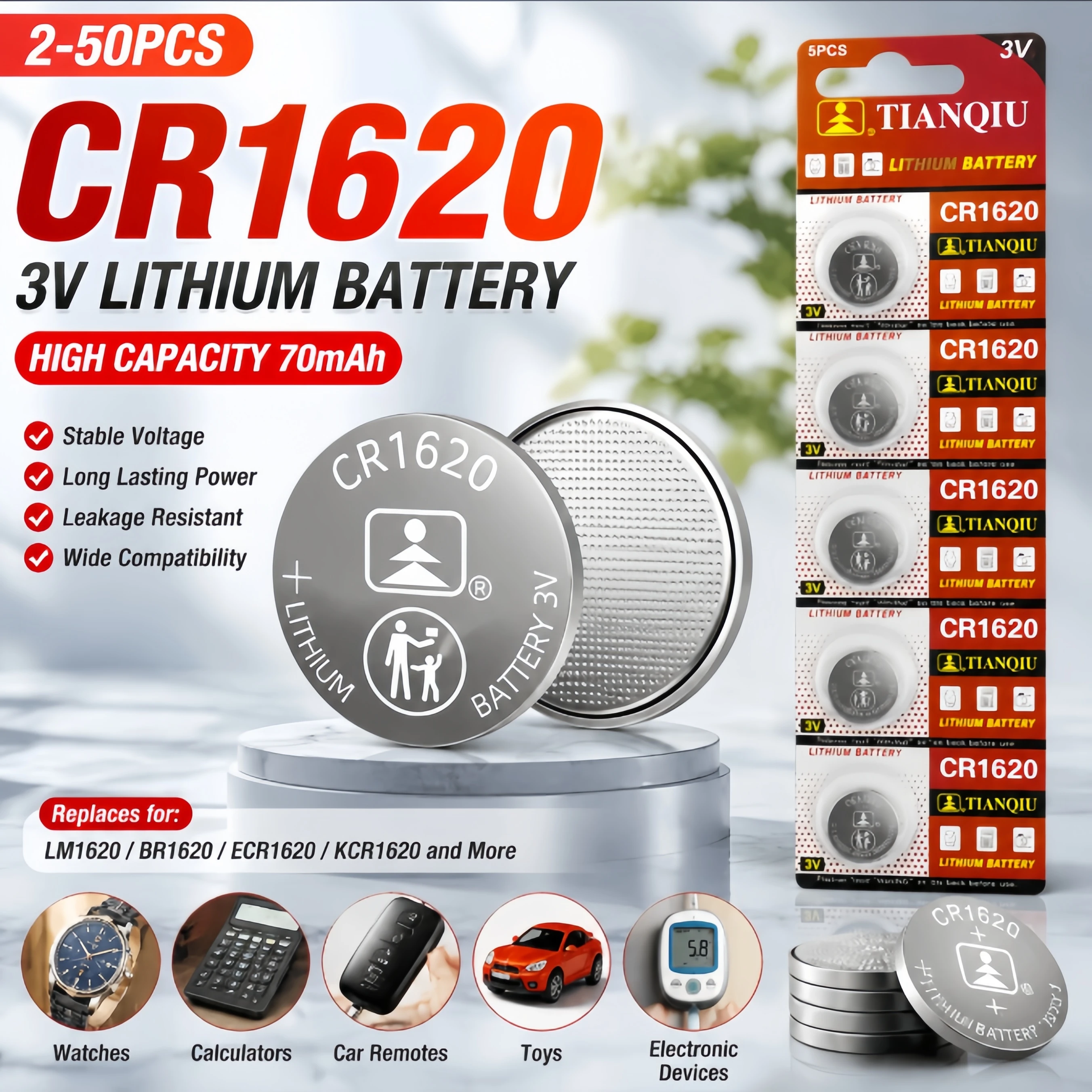 2-50PCS CR1620 3V Lithium Battery High-Capacity 70mAh LM1620 BR1620 ECR1620 KCR1620 Coin Cells Watch Toys CR 1620 Batteries