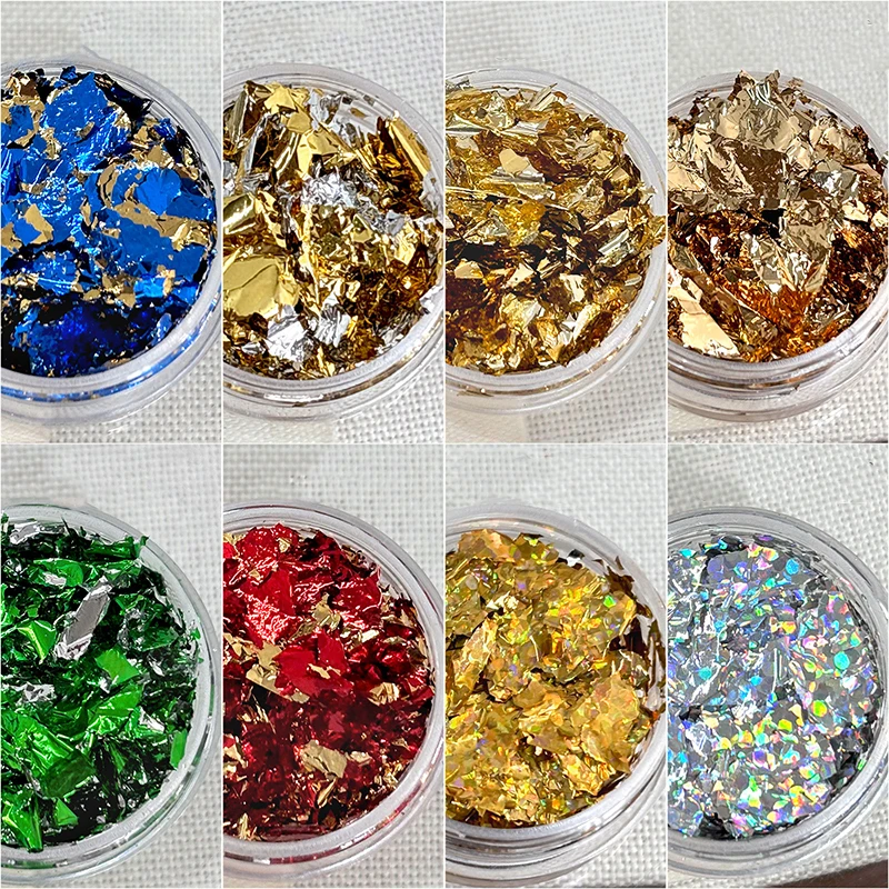 1 scatola di glitter per unghie con frammenti di lamina d'oro per adesivi per unghie fai da te Decorazioni per unghie artistiche Fiocchi di foglie d'oro multicolori
