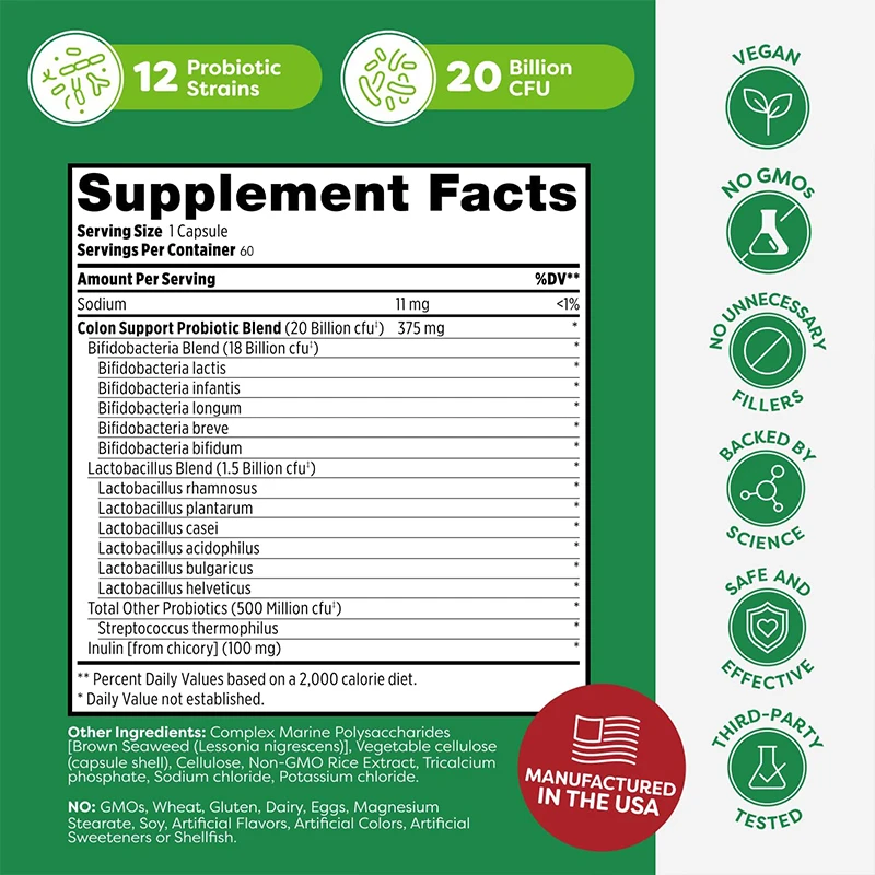 Colon Support Supplement, Daily Probiotics for Intestinal, Digestive, and Immune Health 20 Billion CFU, 60 Capsules