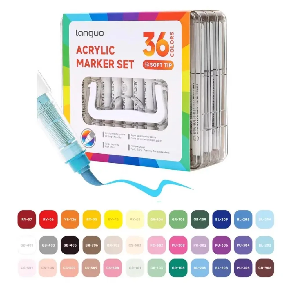LANGUO Acrylmarkers, set van 24-288 kleuren, vloeibare verf, kunstmarkers voor doe-het-zelf schilderprojecten, inclusief vervangbare penpunten.