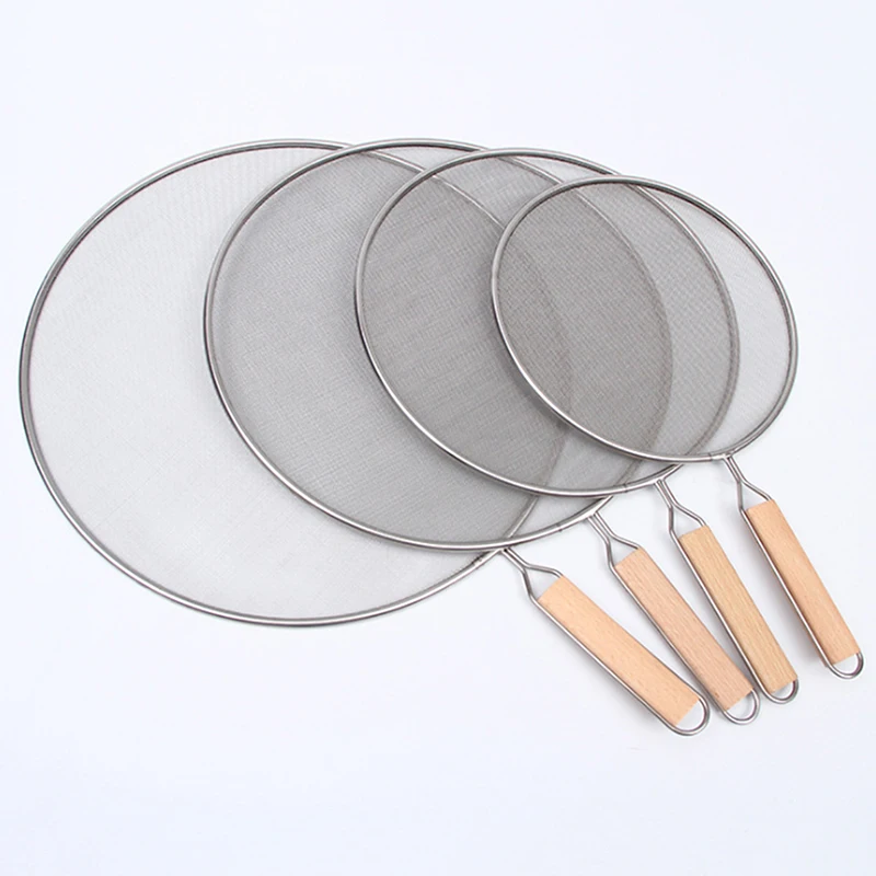 Stainless Steel Splatter Screen With Wooden Handle Fine Mesh Anti Oil Frying Pan Cover Heat Resistant Kitchen Cooking Tools