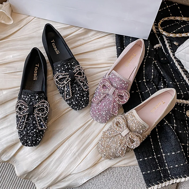 

Big size 43 bow flat rhinestones shoes woman pearl beading breathable ballet flats for women Loafers slip-on shoes Bling