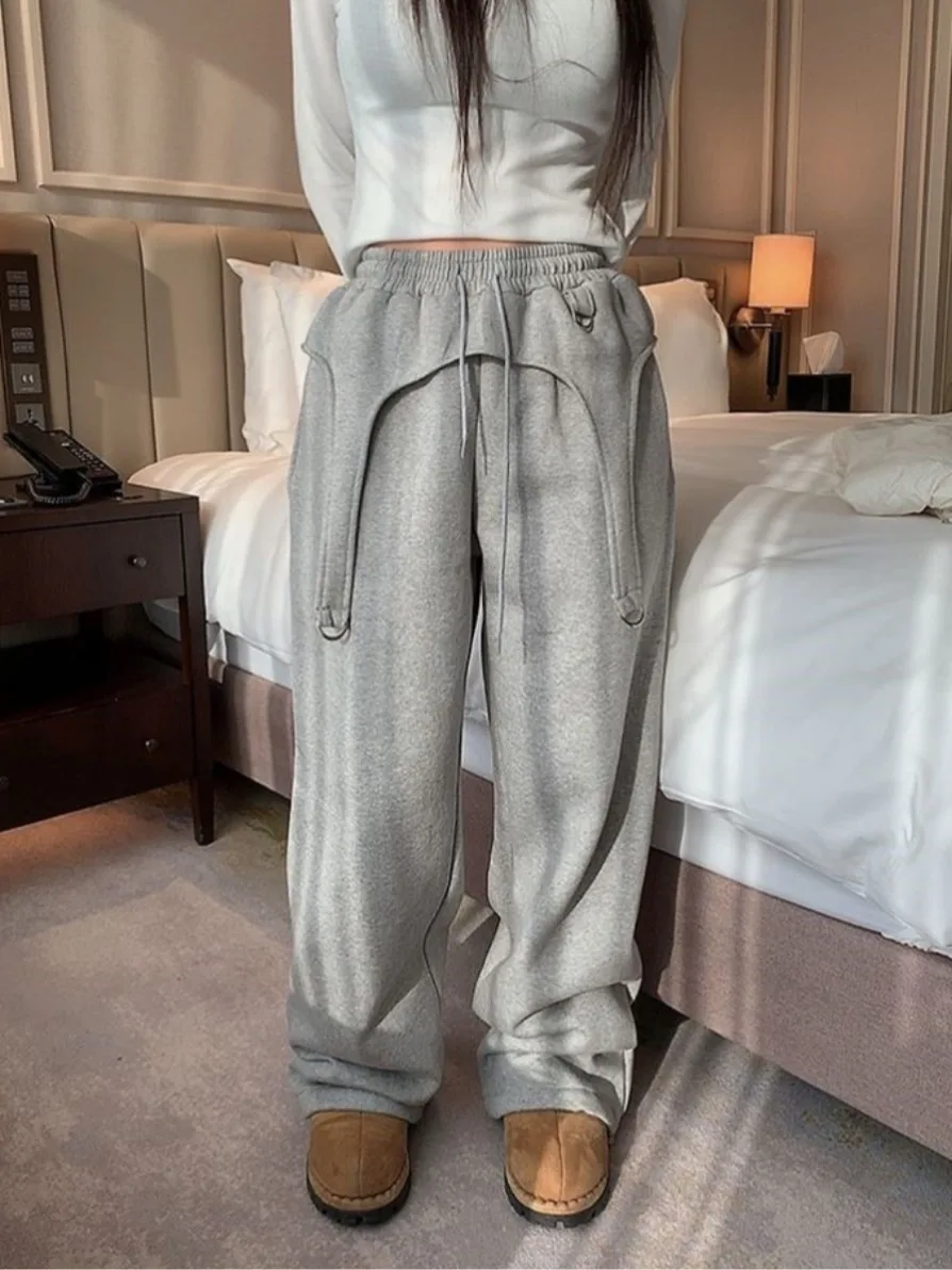 Retro Design Metal Bule Casual Pants Long Trousers Pure Color Women's Autumn Winter New Sle Asymmetric Sweatpants