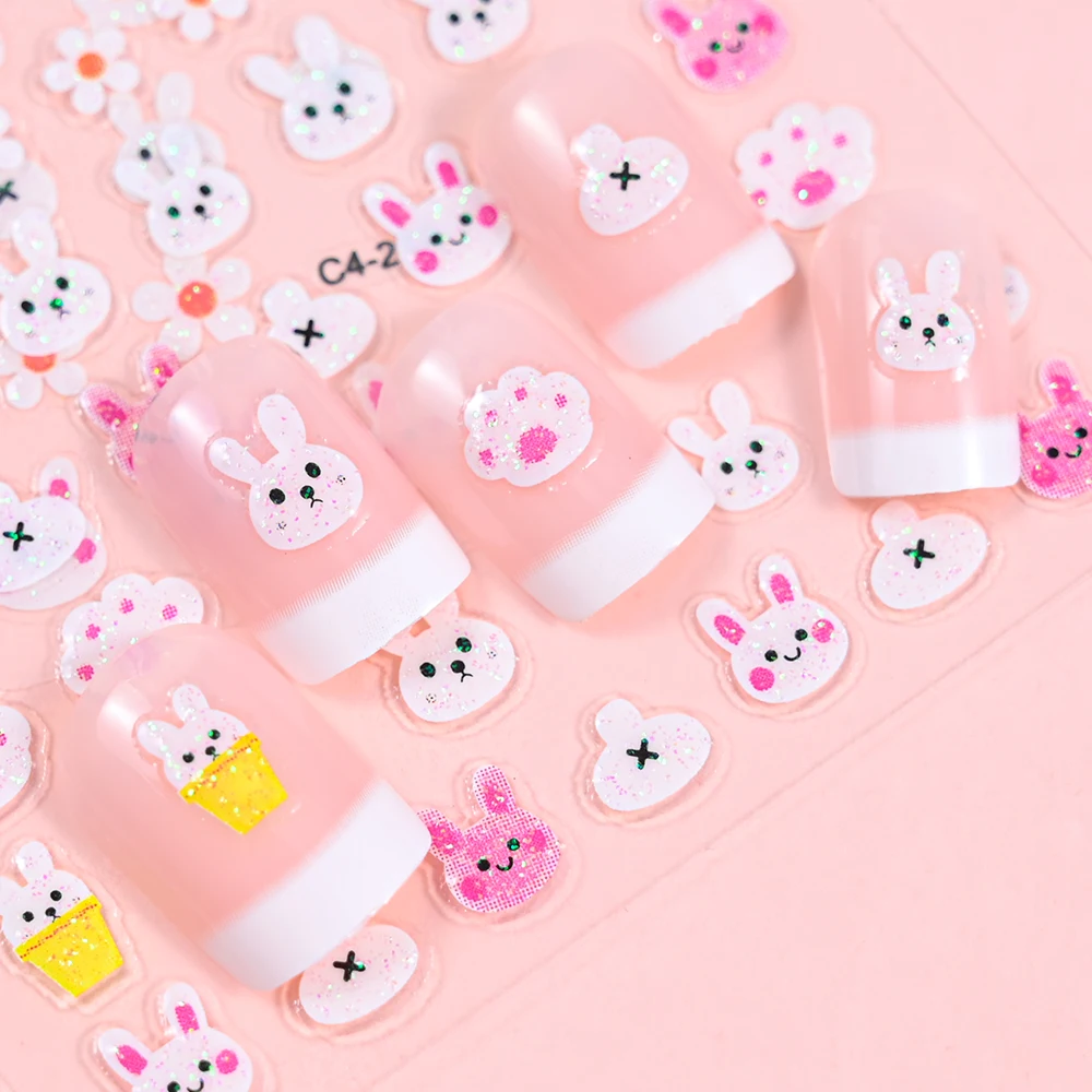 30 Stück Kawaii 3D Glitzer Nagelaufkleber Regenbogen Kaninchen Cartoon Design für Nagelaufkleber Zubehör Schöne NAGEL Aufkleber Drücken Sie auf die Nägel – Detail 9