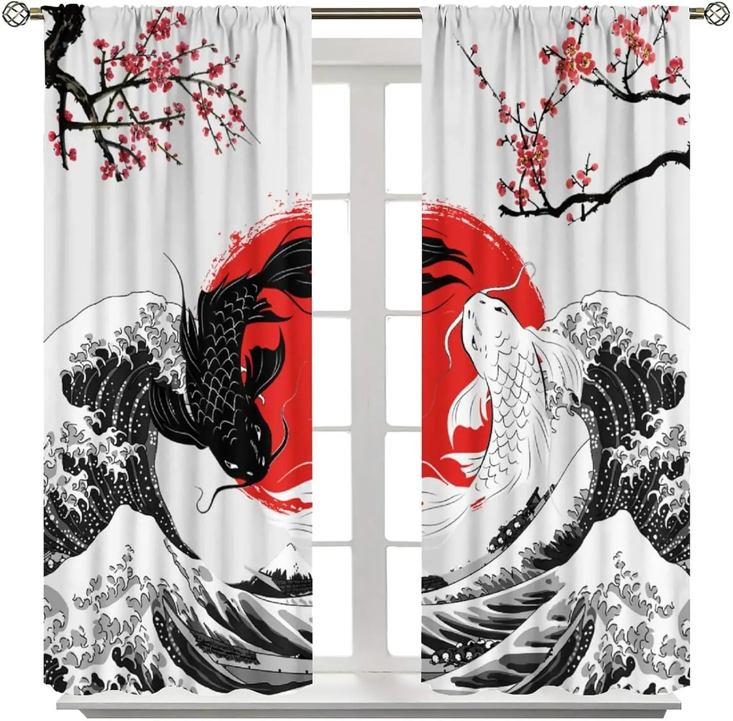 Koi Fish Curtains Japanese Black and White Fish Great Wave Cherry Blossom Pattern Rod Pocket Decor Drapes for Bedroom Living