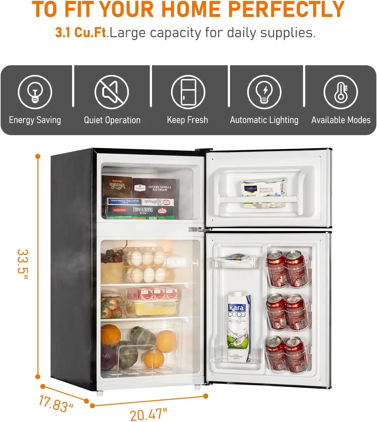 Frestec 3.1 CU 미니 냉장고, 냉동고 포함, 2 문짝 컴팩트 냉장고, 침실 기숙사 사무실 아파트용 소형 냉장고