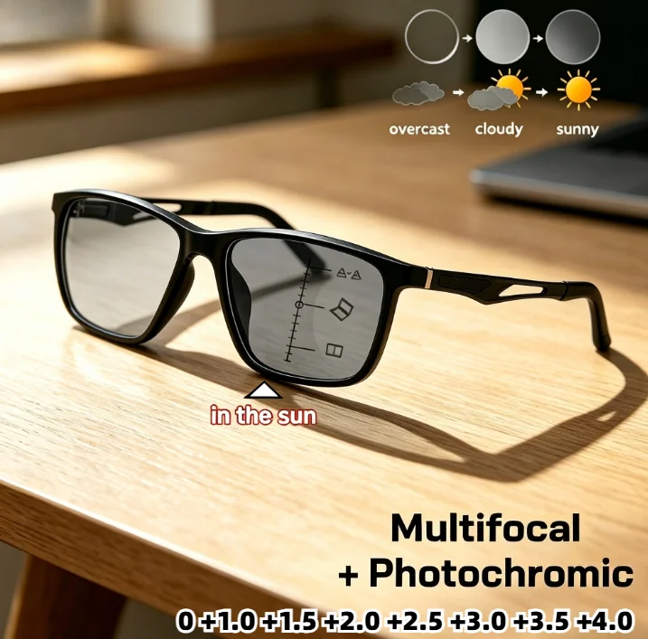 

Photochromic Progressive Multifocal Reading Glasses for Unisex Transition Presbyopic Glasses Light Sensitive Diopters 0 To +4.0
