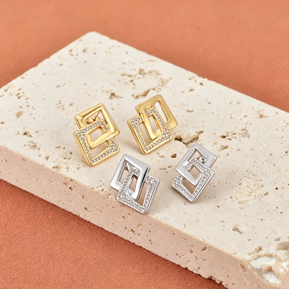 JeeMango Geometrische Doppel-Rhombus-Zirkon-Ohrringe für Damen, Edelstahl, goldfarben, Kristall-Ohrring, Modeschmuck, E26089 – Detail 8