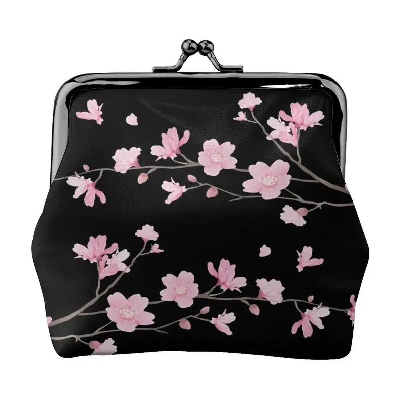 Japanese Sakura Cherry Blossoms Leather Coin Purse Women Portable Small Kiss-Lock Change Pouch Closure Buckle Wallet