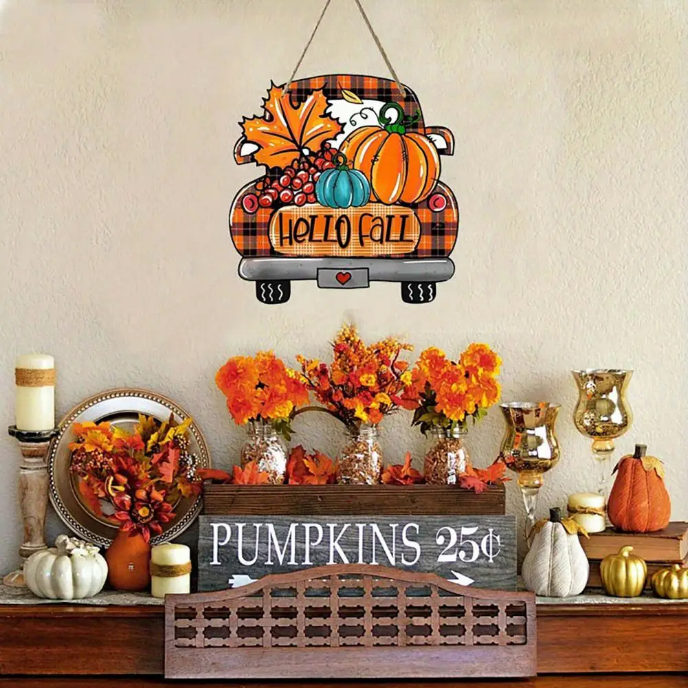 Hello Fall Wooden Hanging Sign, Retro Plaid Pickup Truck Hanging Ornaments, Wall Hanging Pendant With Pumpkin And Maple Leaf