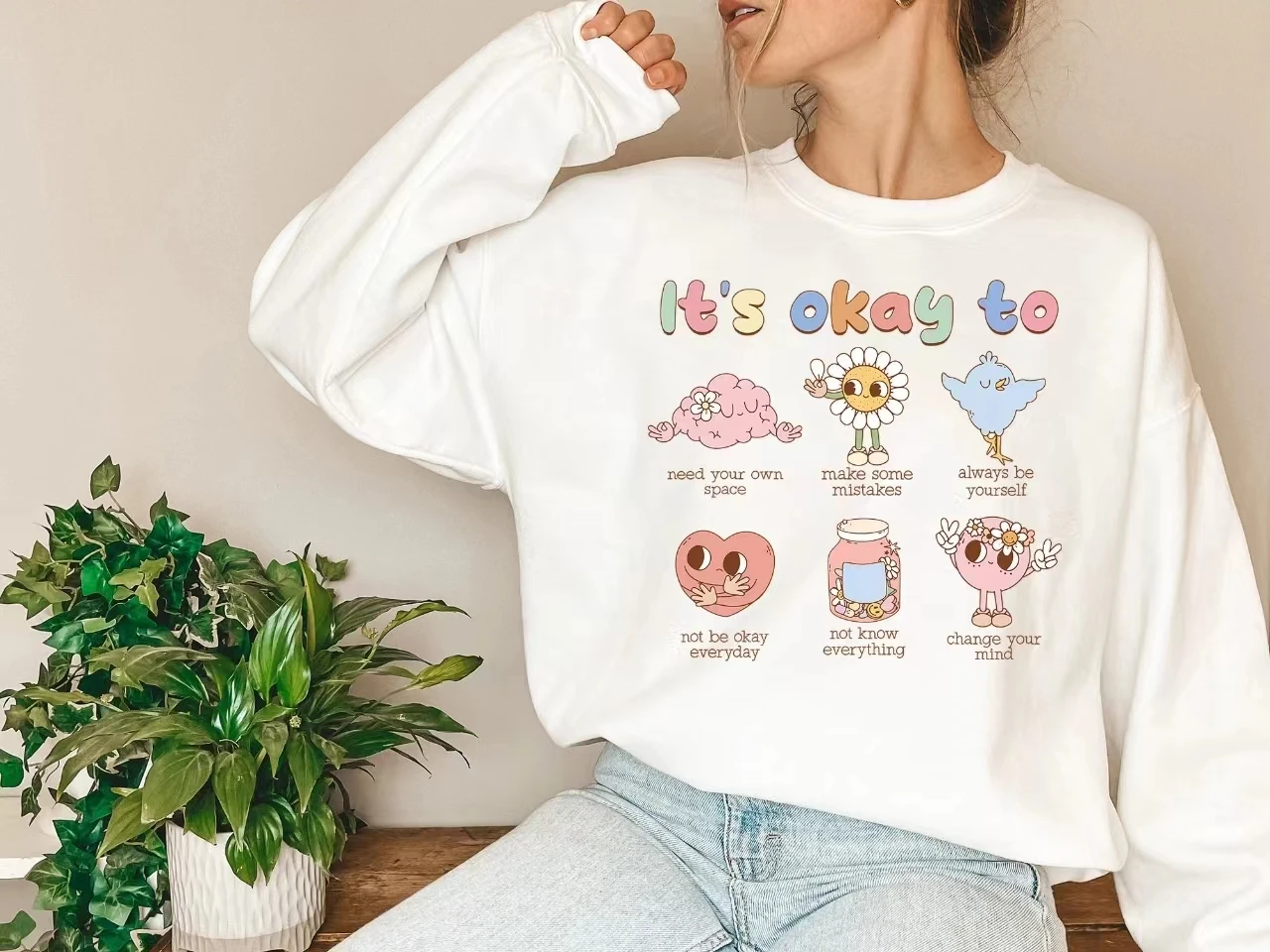 Cute Cartoon Small Men Print Female Sweatshirt It Is Okay To Slogan Women Clothes New Hot Sale Stylish Festive Casual Girl Tops