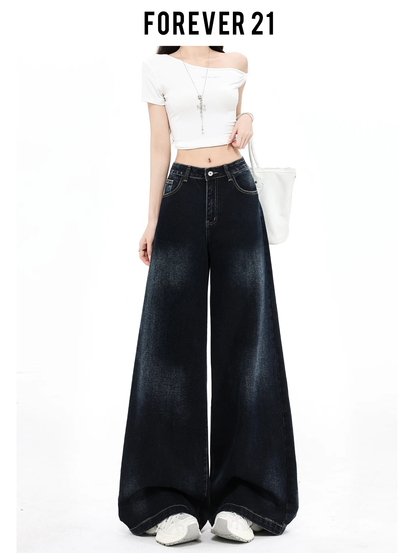 Jeans de Mezclilla de Pierna Ancha Ultra Populares de Verano Forever 21 para Mujer, Pantalones Rectos de Cintura Alta, Estilo Retro, Azules, Holgados y con Caída