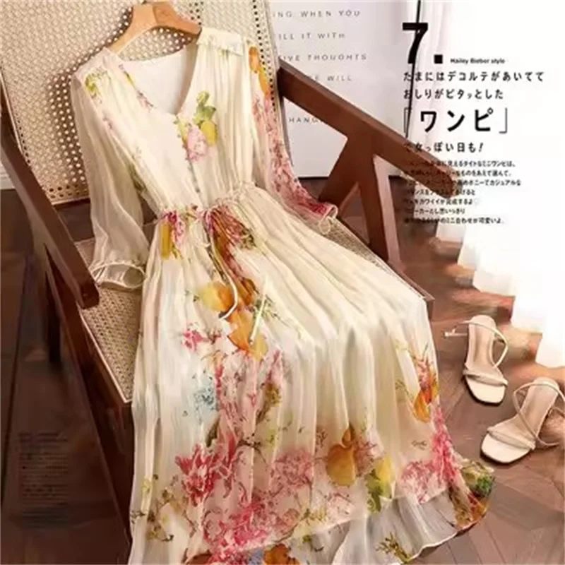 2023 Summer New Chinese Vintage High Waist A-line Imitation Silk Super Immortal Chiffon Dress Women Mid Length V-neck Dress