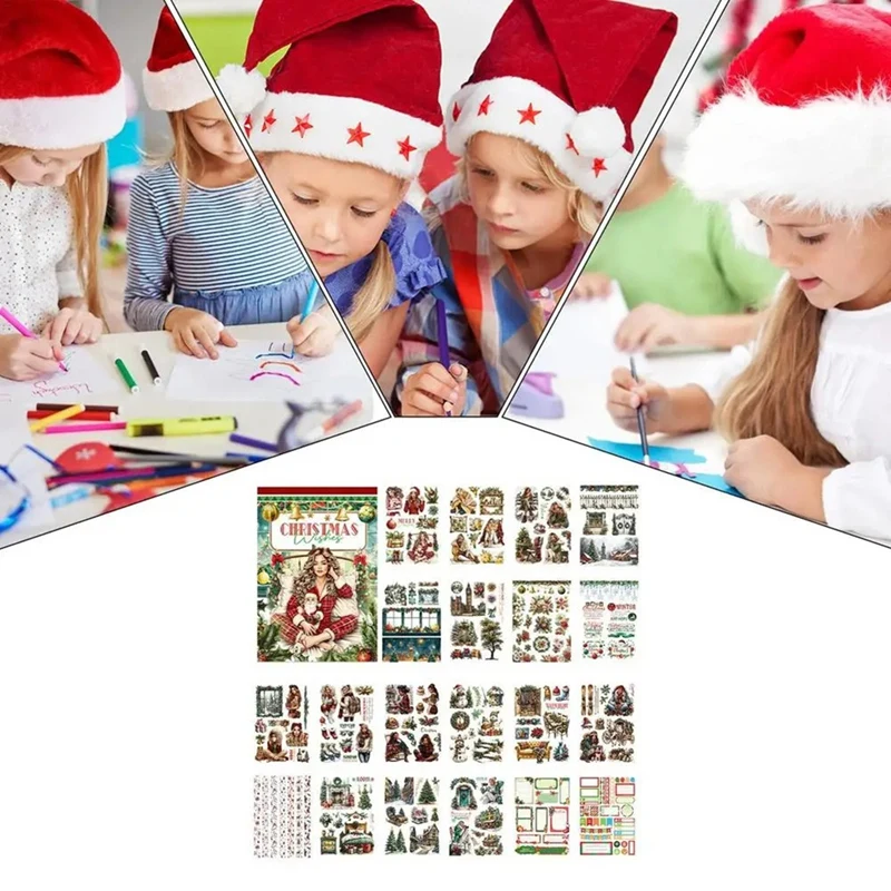 Kit stiker Scrapbooking, alat kerajinan pola Natal antik bahan stiker dekorasi buku tempel